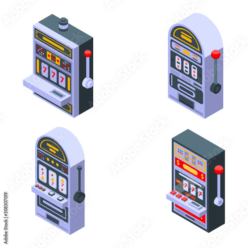 Slot machine icons set. Isometric set of slot machine vector icons for web design isolated on white background