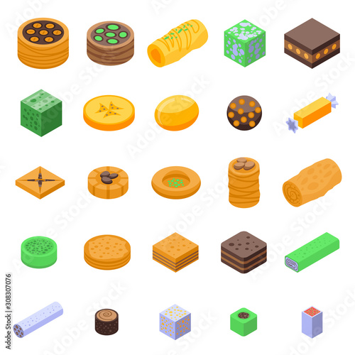 Turkish sweets icons set. Isometric set of Turkish sweets vector icons for web design isolated on white background