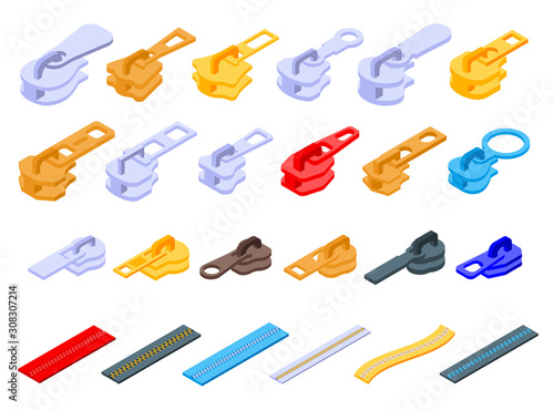 Zipper icons set. Isometric set of zipper vector icons for web design isolated on white background
