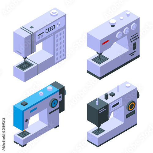 Sew machine icons set. Isometric set of sew machine vector icons for web design isolated on white background