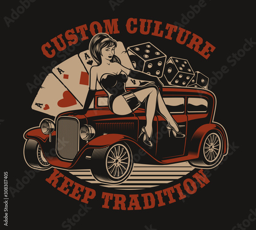 Colorued illustration with pin-up girl on a hot rod