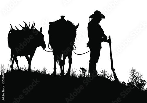 A vector silhouette of a wild west (18th century) mountain man standing next to his horse.