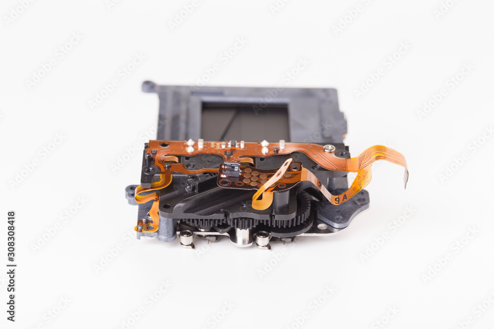 Shutter mechanism of a photographic camera.