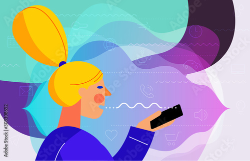 Using voice assistant Concept Banner. Trendy Character Design Illustration