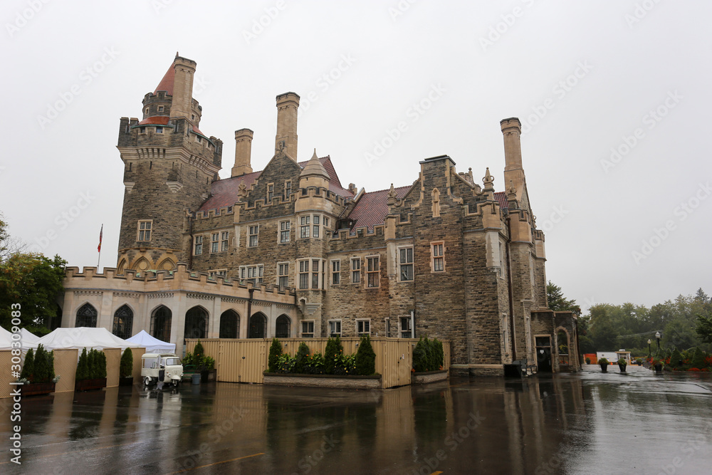 Beautiful castle Loma on a rainy day in the suburbs of Toronto, Canada