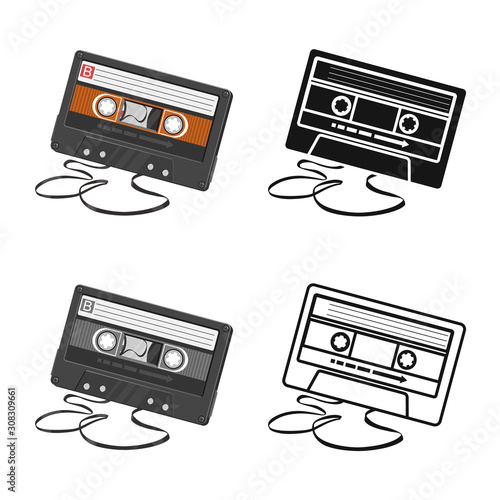 Vector design of cassette and tape sign. Graphic of cassette and reel vector icon for stock.