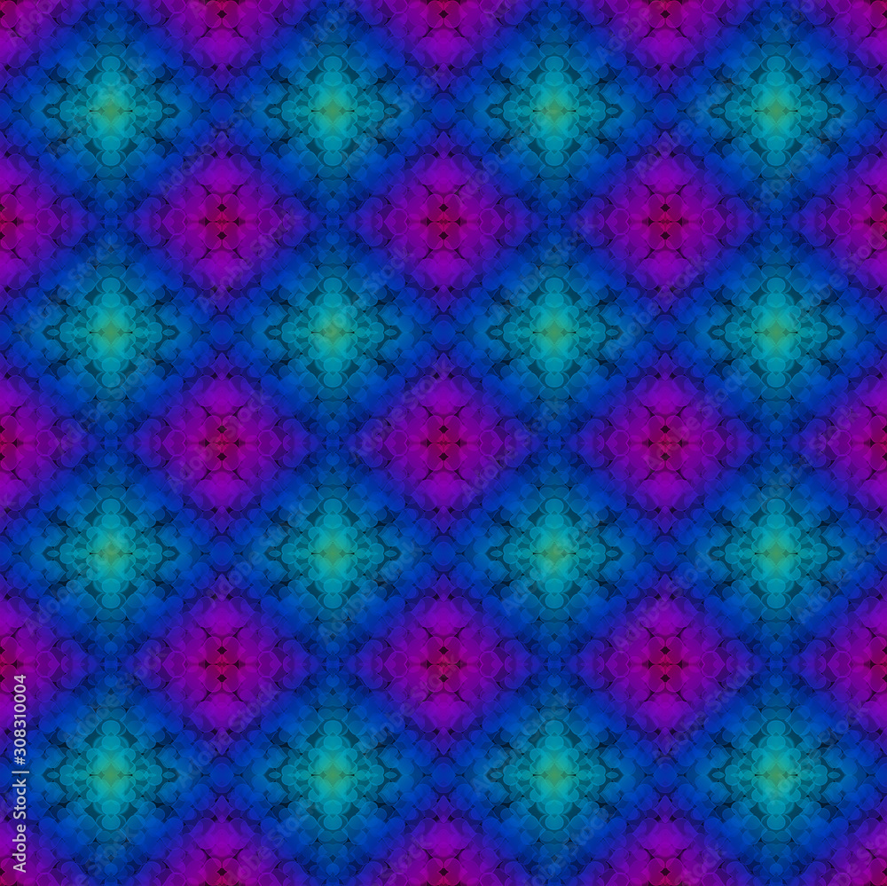 fancy seamless pattern in blue purple bright colors consisting of hearts
