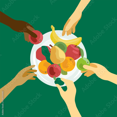 Food sharing illustration. Human hands with fruits. People of different nationalities take food from plate. Design for charity, volunteer organization, restaurant or cafe. Background for flyer, banner