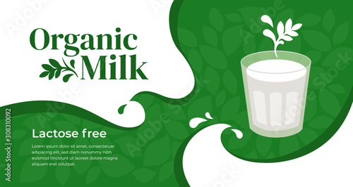 Vector illustration of organic lactose free milk, vegetarian drink. Design with plant based beverage. Glass of soy, almond, oatmeal or coconut, cashew milk. Template for banner, layout, flyer, website