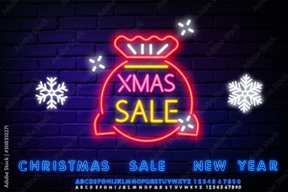 Christmas gift sack neon sign. Bag, snowflake, wrap. Vector illustration in neon style for topics like Xmas, New Year, giving presents