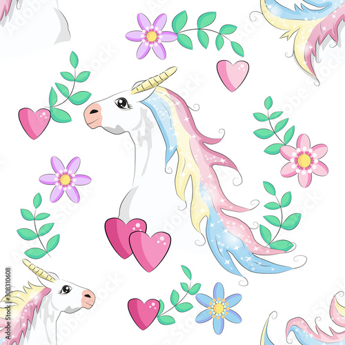 Seamless unicorn pattern. Magic background with cute unicorns  clouds and stars.