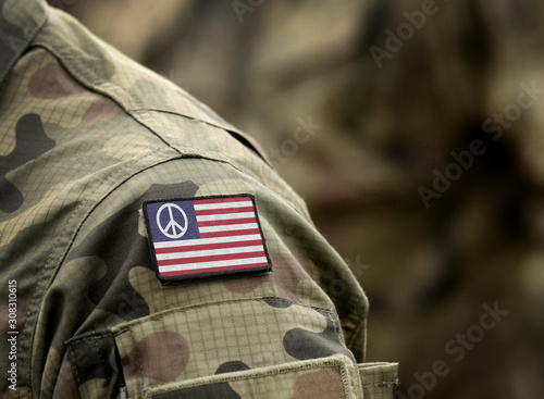 United States flag with peace sign canton on military uniform. US Peace flag. Collage.