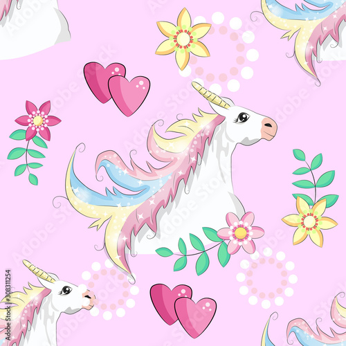 Seamless pattern with unicorn silhouette. Cute magic background. Fantasy wallpaper