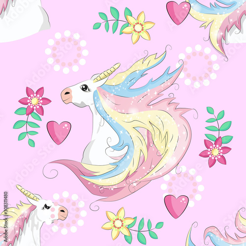 Seamless unicorn pattern. Magic background with cute unicorns, clouds and stars.