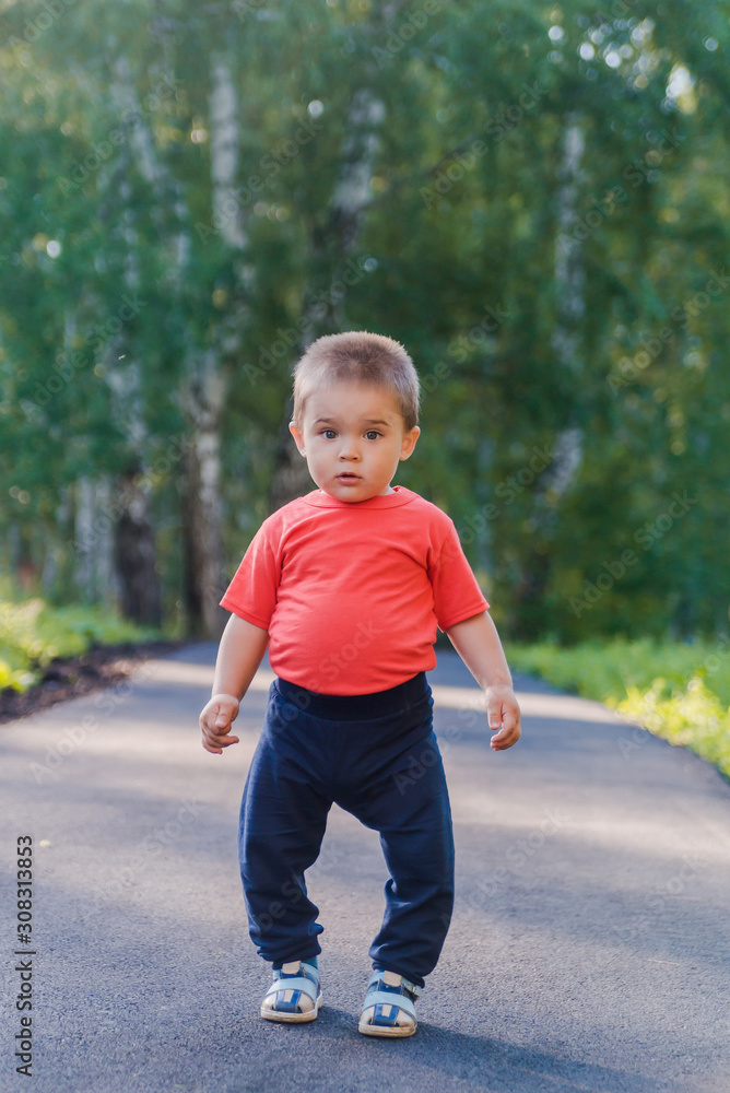 portrait of smiling little boy on the street. cute cheerful baby walking in the Park. happy child portrait of smiling little boy on the street. cute cheerful baby walking in the Park. happy child
