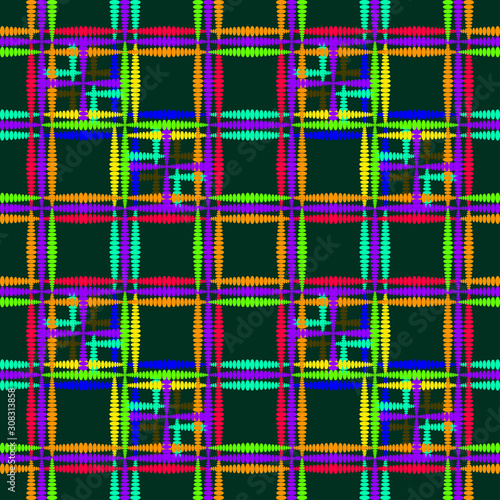 Oriental pattern of luminous rainbow squares and curly crosses on a dark green background.