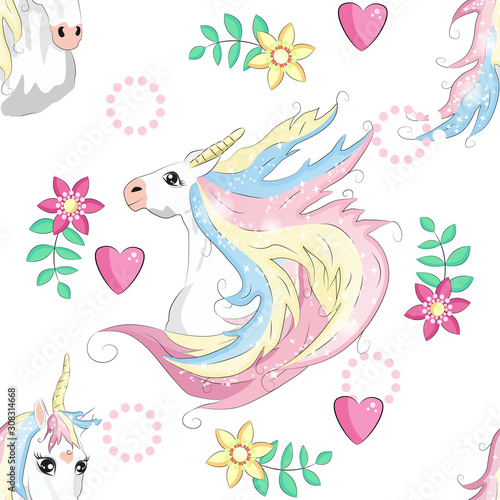 Unicorn, rainbow and magic wand pastel colors seamless pattern