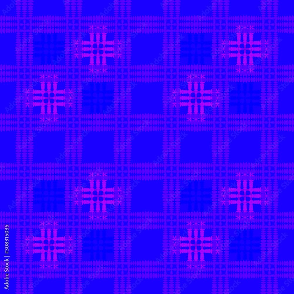 Oriental pattern of purple squares and curly crosses on a blue background.