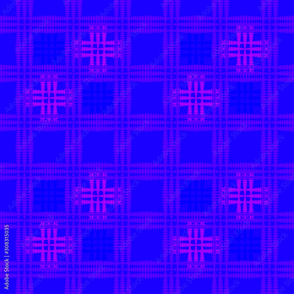Oriental pattern of purple squares and curly crosses on a blue background. Oriental pattern of purple squares and curly crosses on a blue background.