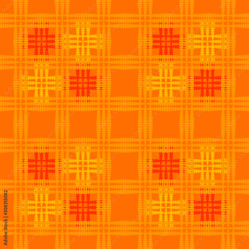 Oriental pattern of red squares and curly crosses on an orange background.