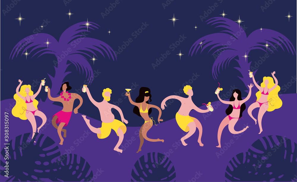 Poster, banner or flyer template about beach party. Cheerful characters dance in beach clothes with drinks in their hands against the background of the night sky and palm trees.