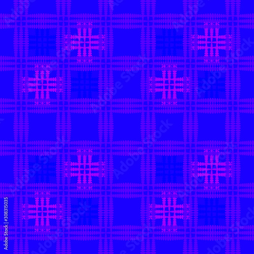 Oriental pattern of purple squares and curly crosses on a blue background.