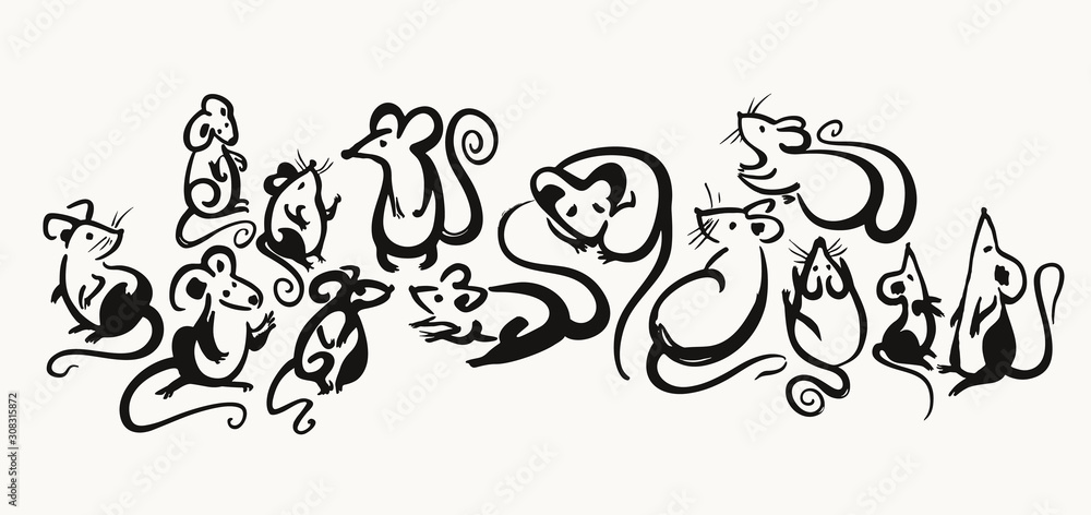 Handwritten Rats. Set of brush drawn cartoon mice. Ink brush calligraphy. Year of the rat on the Chinese calendar. Handwritten Rats. Set of brush drawn cartoon mice. Ink brush calligraphy. Year of the rat on the Chinese calendar.