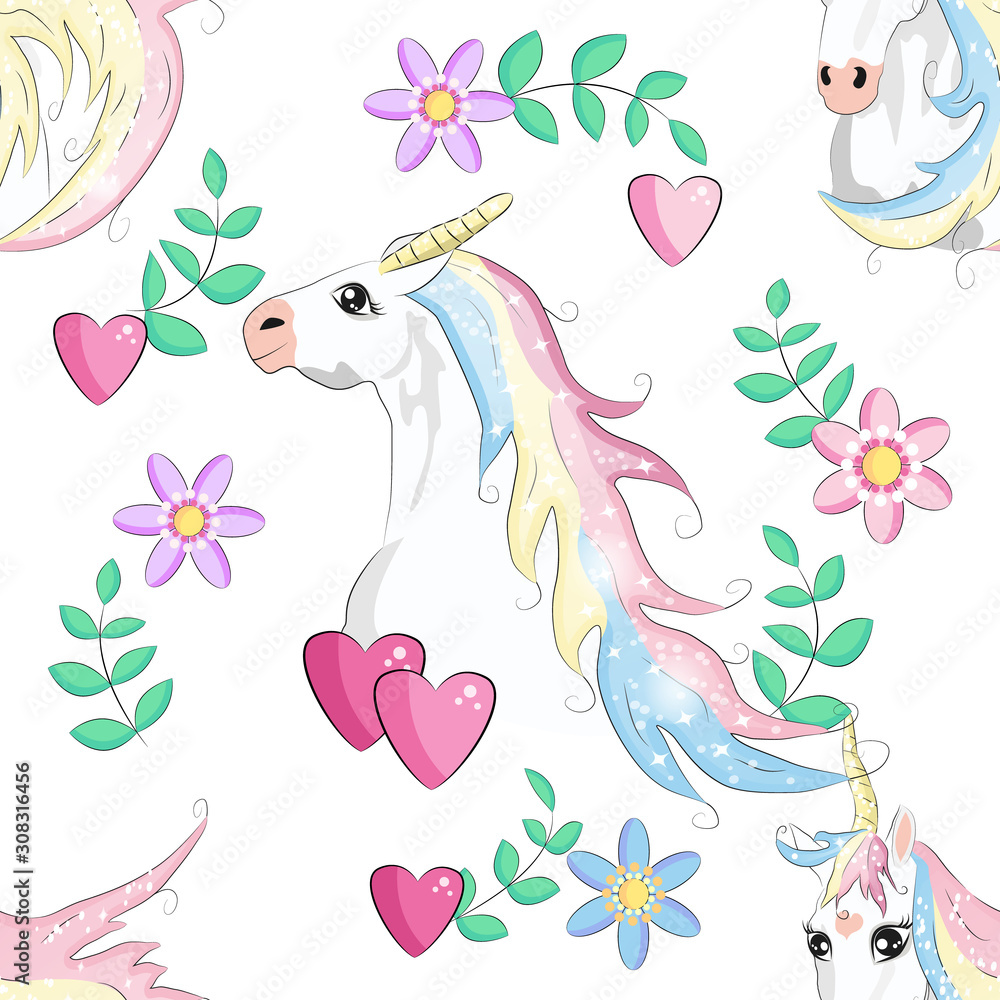 Cartoon seamless pattern. Unicorn with rainbow and clouds, designed print. Cartoon seamless pattern. Unicorn with rainbow and clouds, designed print.