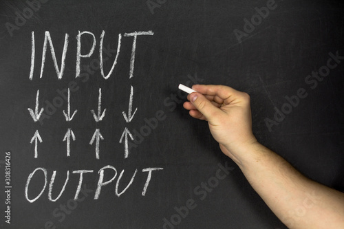Input output, blackboard or chalkboard with hand and arrows.