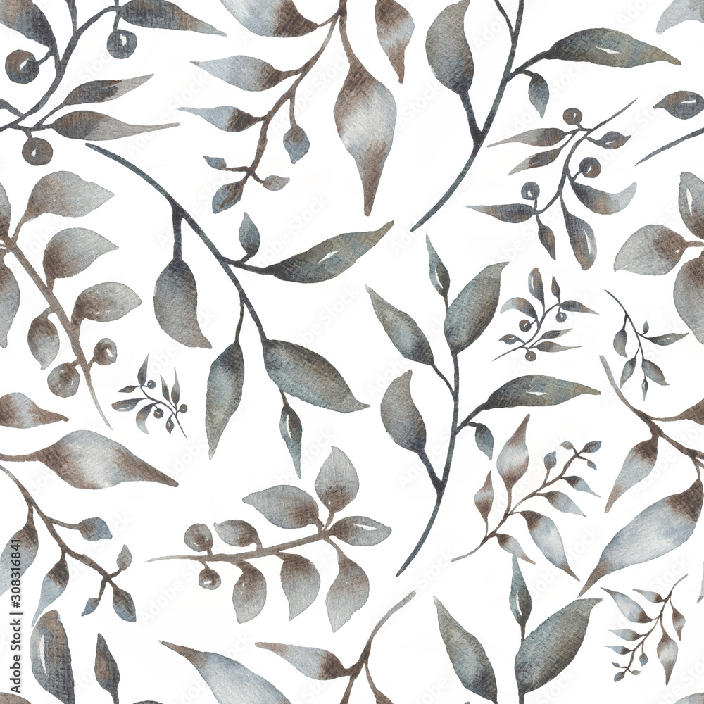 Seamless watercolor pattern with  floral in trendy dark and grey neutral colors.  modern color.Hand drawn decor patterns with florals decoration.