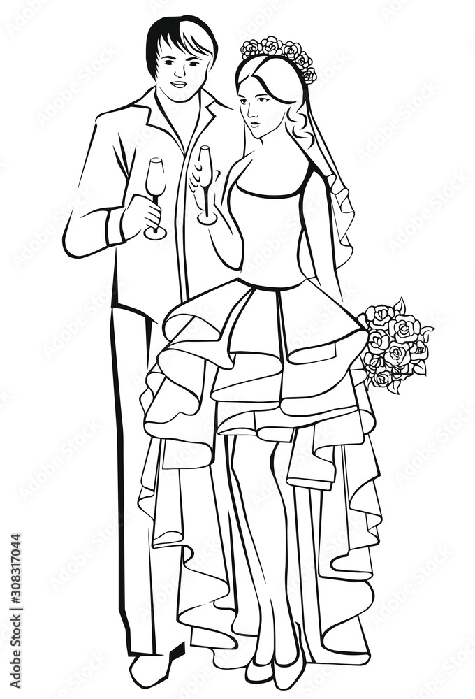 Silhouette of the newlyweds. Wedding. Silhouette of the newlyweds. Wedding.