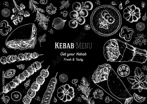 Doner kebab and ingredients for kebab, sketch illustration. Arabic cuisine frame. Fast food menu design elements. Shawarma hand drawn frame. Middle eastern food.