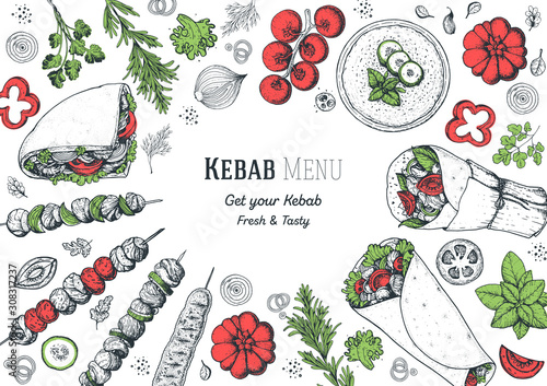Doner kebab and ingredients for kebab, sketch illustration. Arabic cuisine frame. Fast food menu design elements. Shawarma hand drawn frame. Middle eastern food.