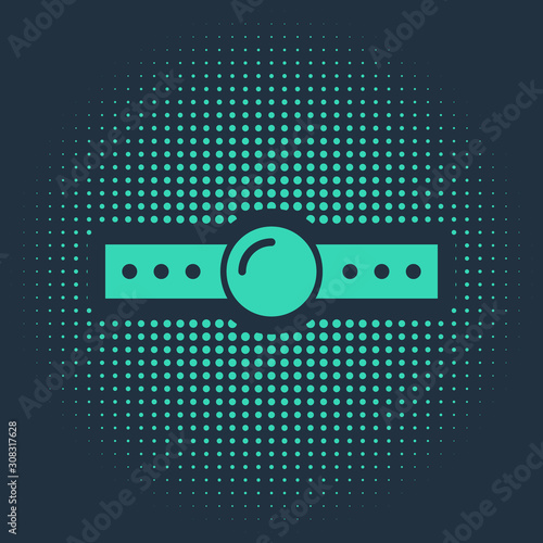 Green Silicone ball gag with a leather belt icon isolated on blue background. Fetish accessory. Sex toy for men and woman. Abstract circle random dots. Vector Illustration