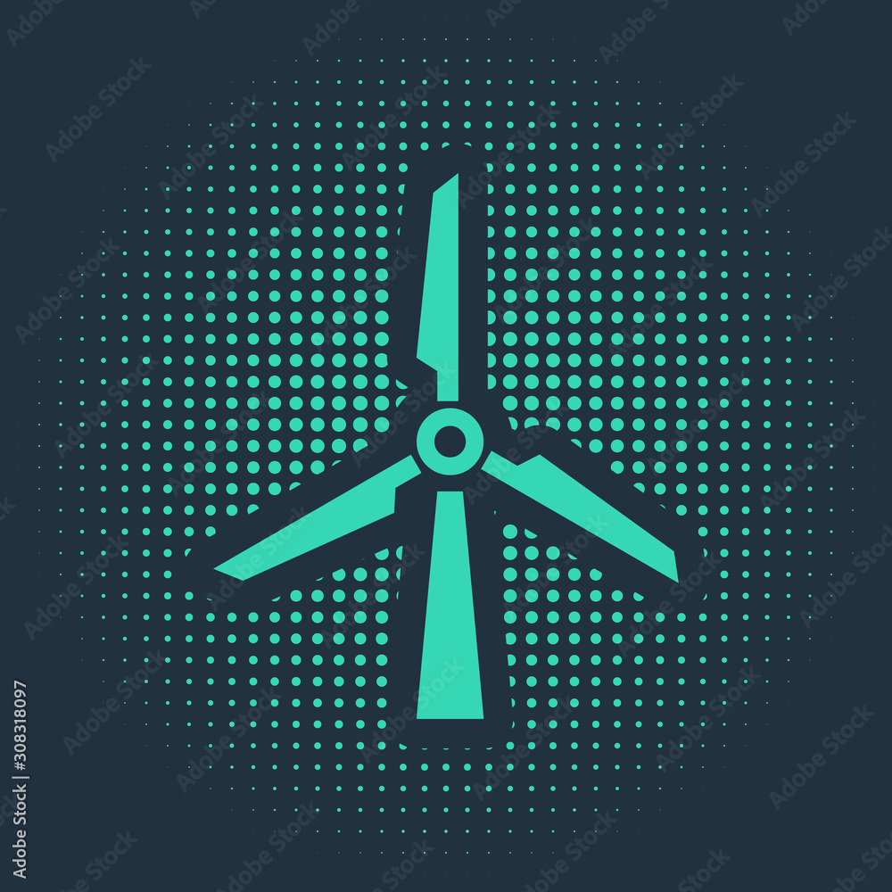Green Wind turbine icon isolated on blue background. Wind generator sign. Windmill silhouette. Windmill for electric production. Abstract circle random Illustration Stock Vector Adobe Stock