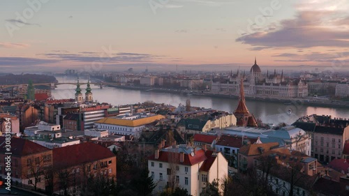 Dawn over Budapest. Panoramic view of the city and the building of the Budapest Parliament