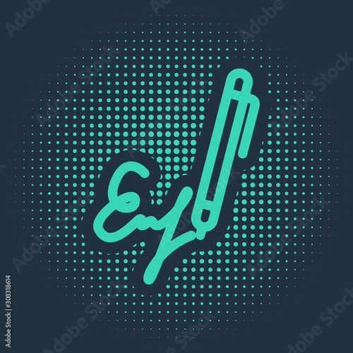 Green Signature line icon isolated on blue background. Pen and undersign, underwrite, ratify symbol. Abstract circle random dots. Vector Illustration