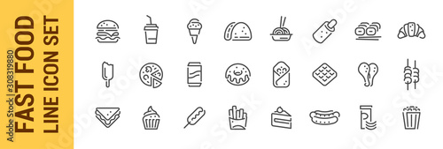 Fast food line icon set. Burger sandwich pizza hot dog cola coffee sweets
