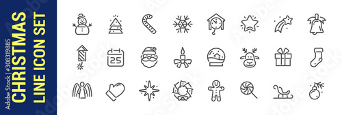 Christmas line icon set. Xmas and New Year elements. Santa deere christmas tree