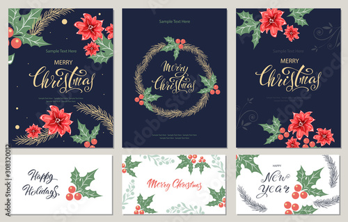 Merry Christmas! Set of greeting posters with festive seasonal paraphernalia and lettering. Vector image.