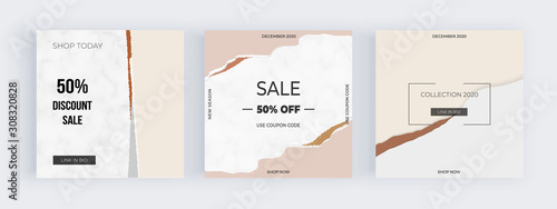 Social media banners with ripped paper design and marble texture. Modern neutral design for flyer, poster, card