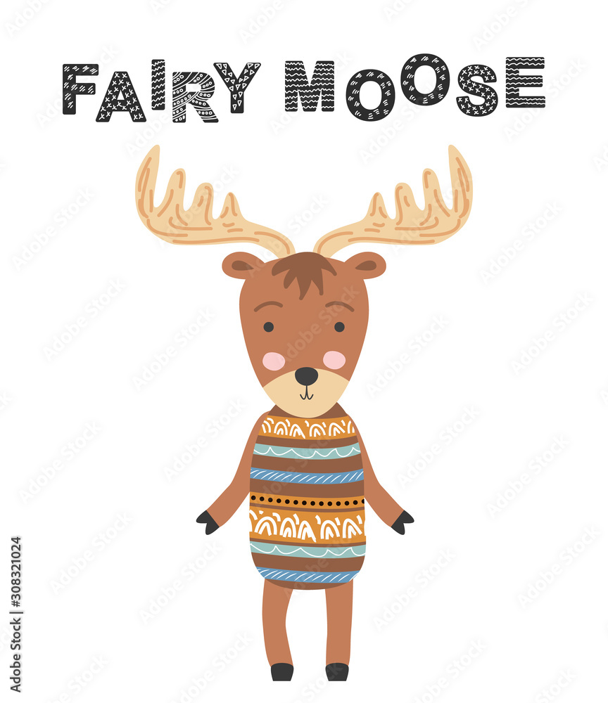 Fairytale Elk. Scandinavian moose, children's print, poster, design, hand drawing, quote Fairytale Elk. Scandinavian moose, children's print, poster, design, hand drawing, quote