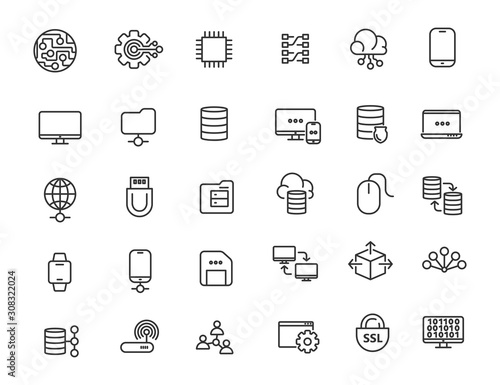 Set of linear computer technology icons. Database icons in simple design. Vector illustration