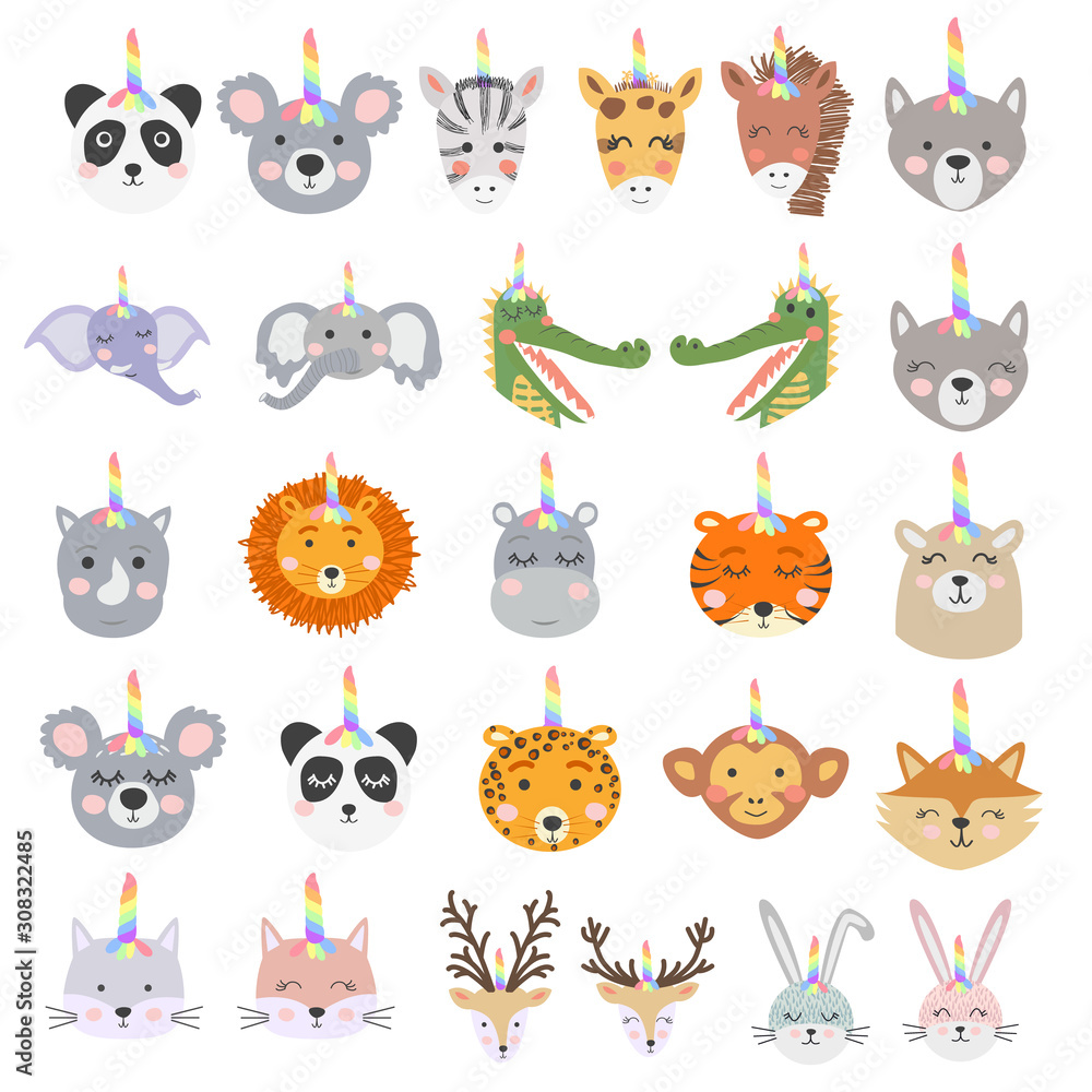 Naklejka premium Set of cute funny animals with unicorn horns, Scandinavian style flat design.