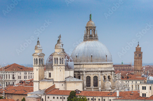 Aerial view of Basilica della salute domes and venetian roofs, Venice, Italy
