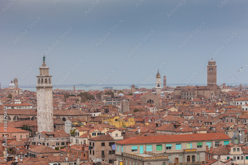 Aerial view of Venice and Frari Basilica, Italy