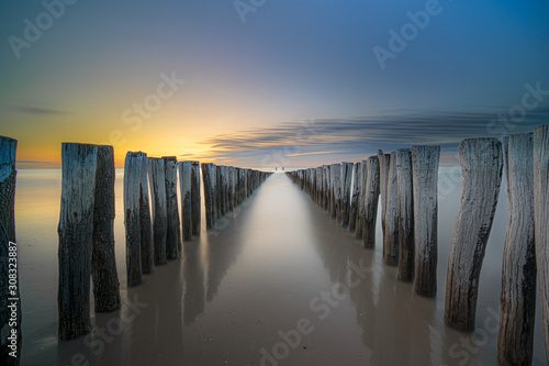 Pole heads or wave-breakers close-up disappearing in North Sea in Holland with sunset background of the sea and cloudy sky © fotografiecor