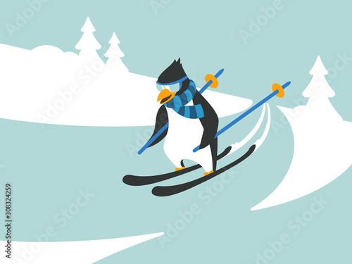Winter sport skiing penguin character illustration
