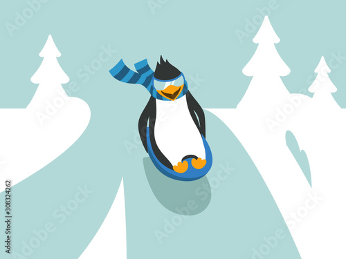 Winter sledding penguin character illustration