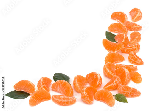 Ripe mandarin with leaf close-up on a white background. Tangerine orange with leaf and slices on a white background.
